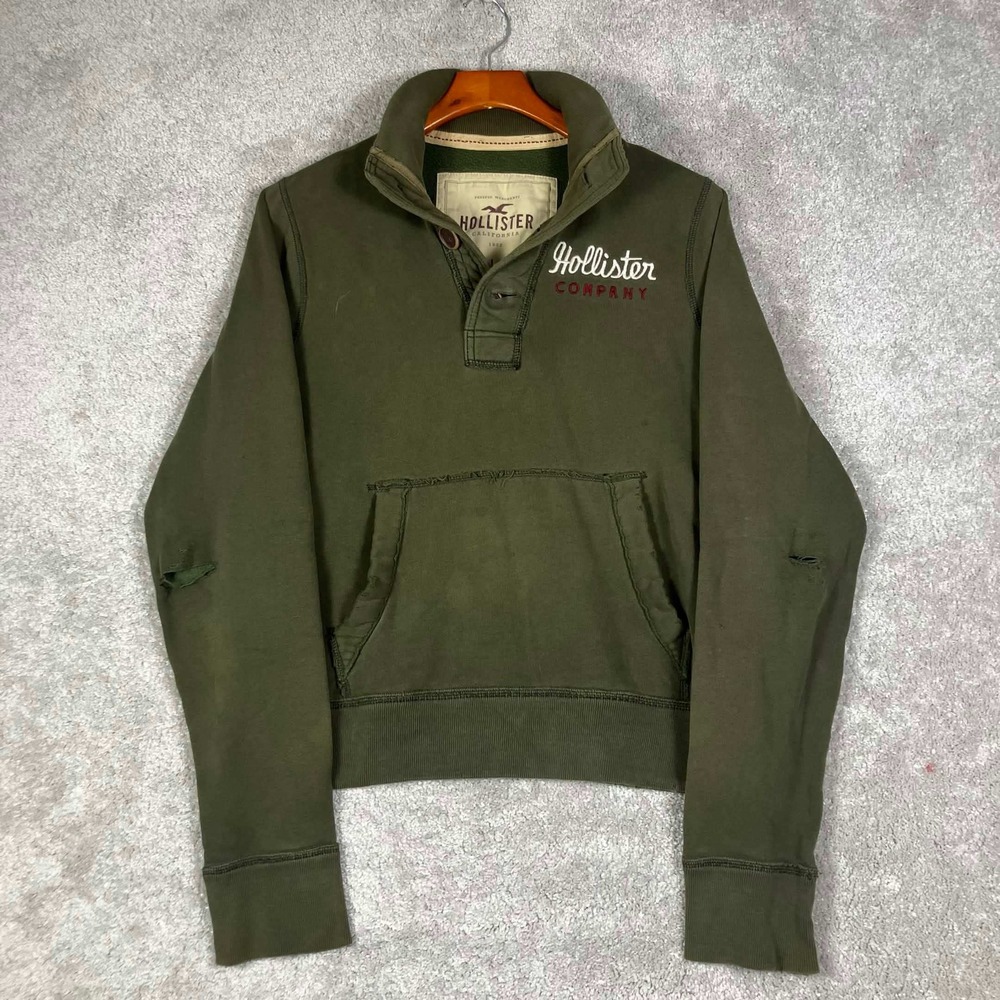 Y2K Hollister Sweatshirt Mens Large Green Distressed Mock Neck Henley Pullover